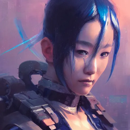 Image similar to Very detailed masterpiece painting of a young female asian cyberpunk warrior with dark blue hair, portrait, artstation, concept art by Greg Rutkowski