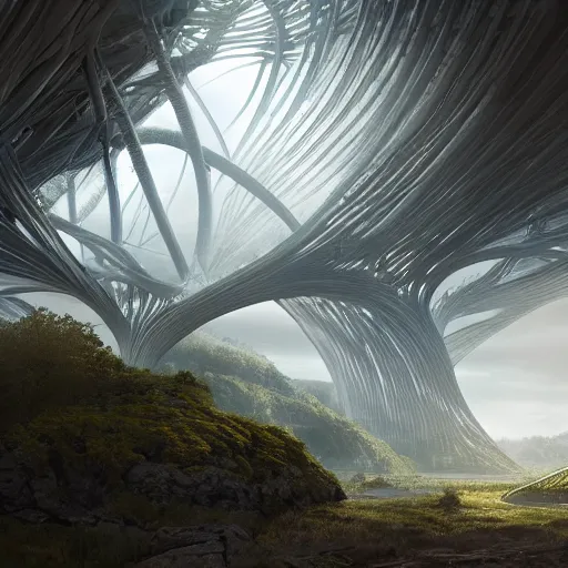 Prompt: futuristic branching and woven and vaulted structure stretching out across the countryside, beautiful dynamic lighting, cinematic, wide angle establishing shot, extremely high detail, photo realistic, cinematic lighting, post processed, concept art, artstation, matte painting, style by eddie mendoza, raphael lacoste, alex ross, volumetric lighting, light rays, photorealistic, ultrarealistic, moody, coronarender, 8k