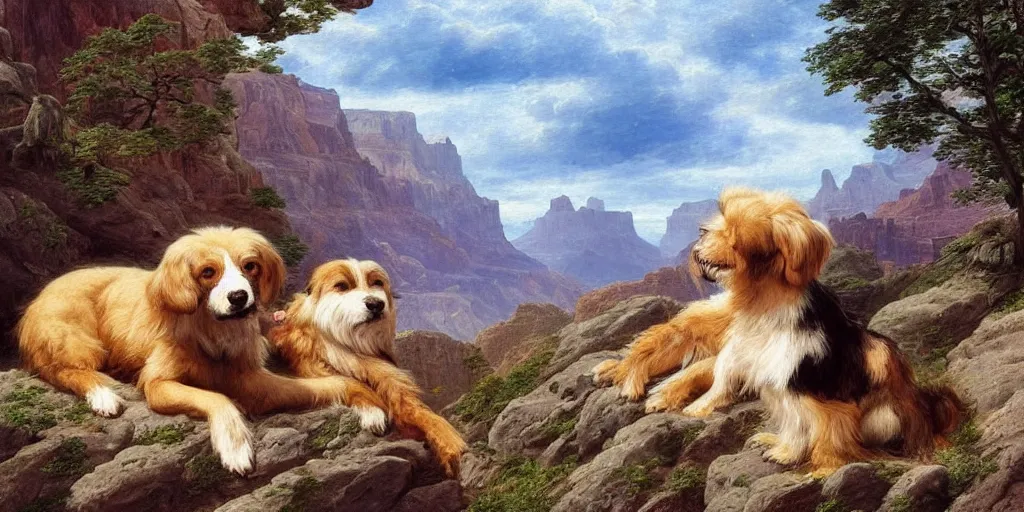 Prompt: two dogs in the grand canyon, stream, 3 d precious moments plush animal, realistic fur, master painter and art style of caspar david friedrich and philipp otto runge, highly detailed, masterpiece