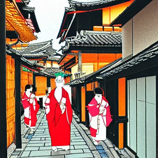 Prompt: walking the old streets of kyoto by rumiko takahashi