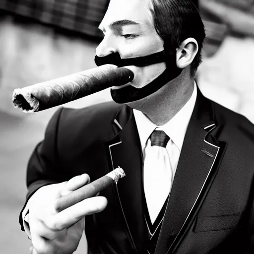 Image similar to an antropomorphic horse wearing a suit smoking a cigar