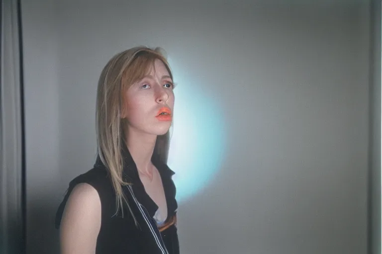 Image similar to backlit photograph of anxious young woman standing in front of tall black box radiating esoteric energy in suburban living room, crisp focus, highly detailed, in cindy sherman style, 3 5 mm ektachrome