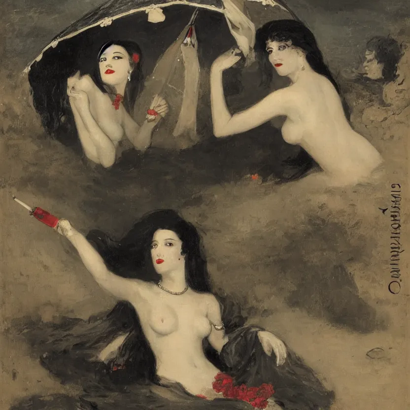 Prompt: portrait of a beautiful and grim vampire queen under a large beach umbrella being splashed by water suddenly by William-Adolphe Bouguerea