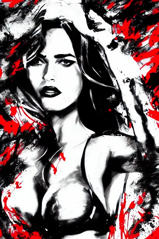 Image similar to dream of a film still from sin city, closeup portrait of film noir megan fox private detective, detailed illustration, digital art, trending on artstation, frank miller, martin ansin, movie poster, paint splatter, black on red, graffiti, gta v,