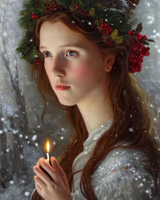 Image similar to a realistic candlelit portrait painting of a thoughtful girl resembling a young, shy, redheaded alicia vikander or millie bobby brown wearing a christmas wreath in her hair and peasant dress carrying a candle in a deep snow - covered forest at night, highly detailed, intricate, concept art, artstation, by donato giancola, alphonse mucha, and william bouguereau