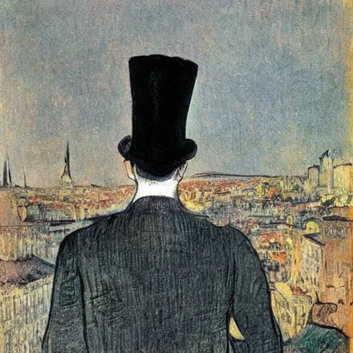 Image similar to A beautiful digital art of a man with a beard and a top hat, looking over a cityscape. by Henri de Toulouse-Lautrec