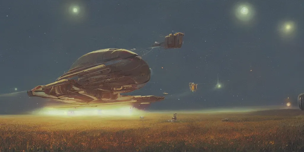 Prompt: a spaceship taking off from a field, by stalenhag, cinematic lighting, detailed oil painting, hyperrealistic, 8k