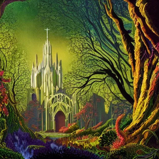 Image similar to a beautiful and highly detailed landscape painting of a cathedral in a beautiful garden in a mystical forest, psychedelic, intricate details, epic scale, insanely complex, 8 k, sharp focus, by eyvind earle