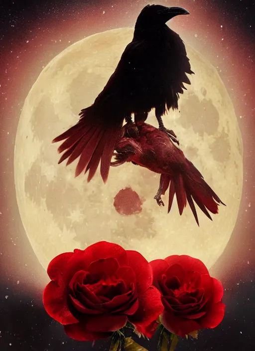 Image similar to Big glowing moon is very important, red and golden color details, portrait, A crow with red eyes in front of the full big moon, book cover, red roses, red white black colors, establishing shot, extremly high detail, foto realistic, cinematic lighting, by Yoshitaka Amano, Ruan Jia, Kentaro Miura, Artgerm, post processed, concept art, artstation, raphael lacoste, alex ross, portrait, A crow with red eyes in front of the full big moon, book cover, red roses, red white black colors, establishing shot, extremly high detail, photo-realistic, cinematic lighting, by Yoshitaka Amano, Ruan Jia, Kentaro Miura, Artgerm, post processed, concept art, artstation, raphael lacoste, alex ross