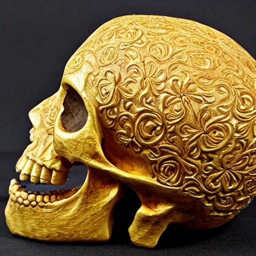 Image similar to intricately carved human skull, intricate ornament, gilding