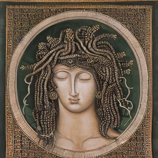 Prompt: detailed, portrait of medusa, Egyptian, surrounded by lotus flowers and geometry