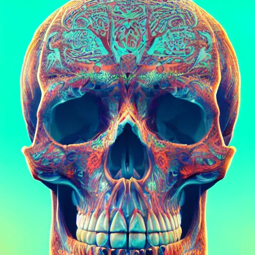 Prompt: a highly detailed human skull covered with intricate designs with fire for eyes on fire in front of a neon blue background, 3 d, colorful, octane render, symmetrical, hyper realism, highly detailed, digital art, artstation, concept art, cinematic lighting, strong bokeh, trending