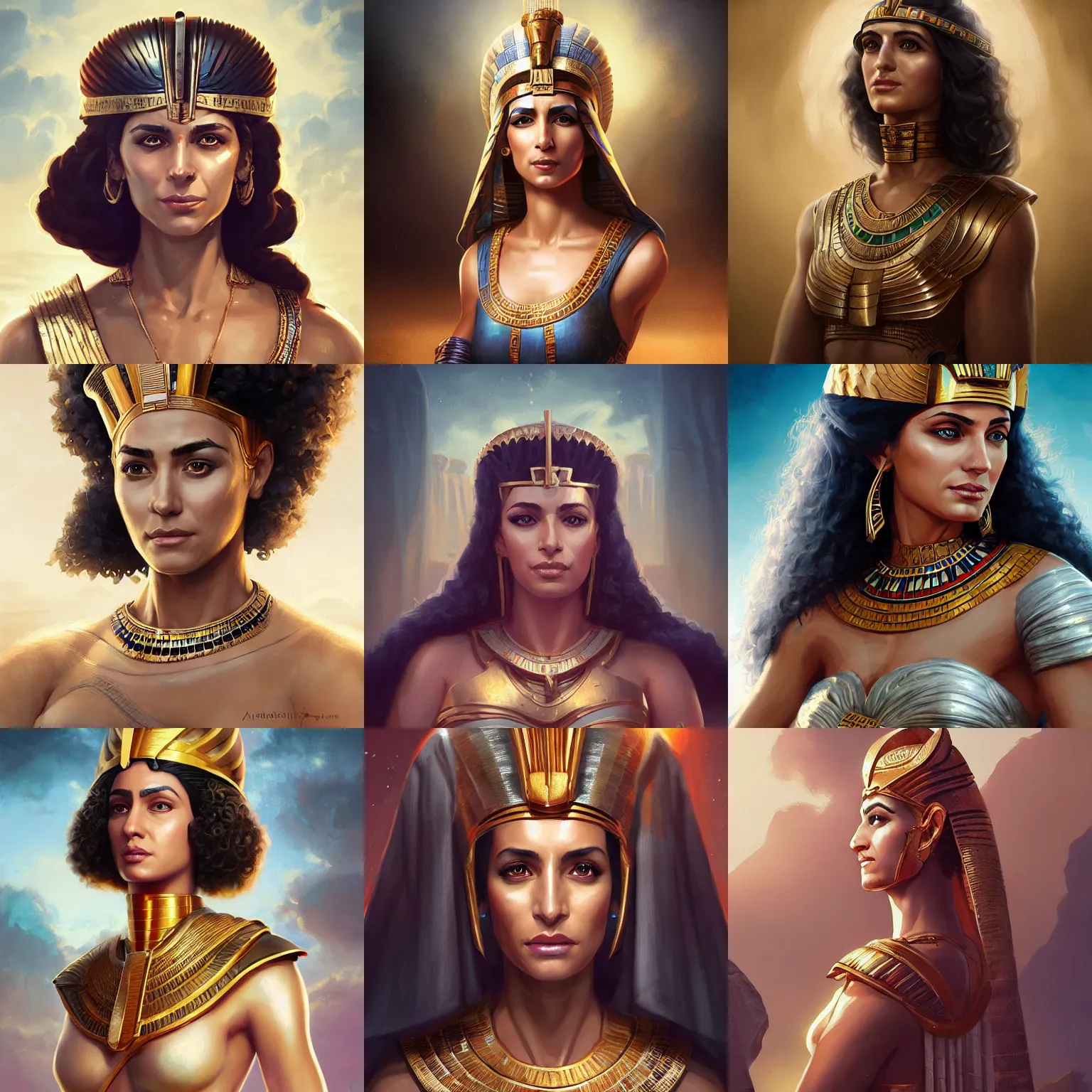 Prompt: ancient egyptian queen, melina kanakaredes, art by artgerm and greg rutkowski and magali villeneuve, portrait, highly detailed, digital painting, trending on artstation, concept art, sharp focus, illustration