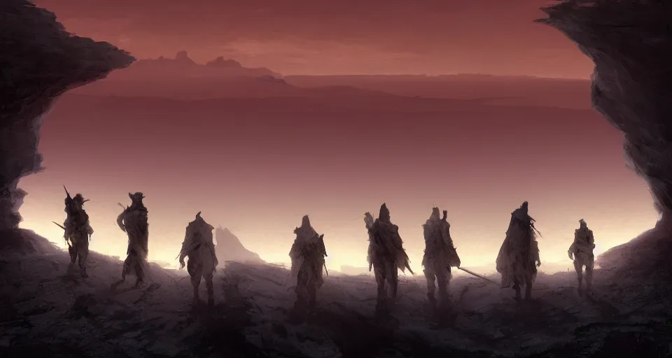 Prompt: Group of four adventurer as silhouettes, two small, one tall, Scenic view at night of the rock desert, underexposed, clean horizon, matte painting by craig mullins and dan mumford, dark fantasy, style of game of thrones, concept art trending on artstation, 4k, insane details