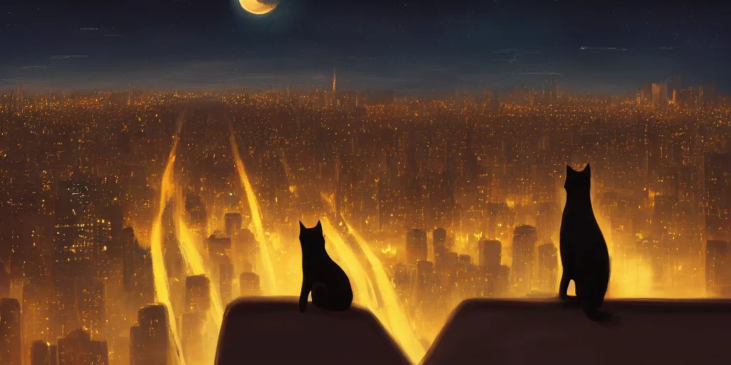 Image similar to A cat overlooking a city at night by Jessica Rossier and Alena Aenami