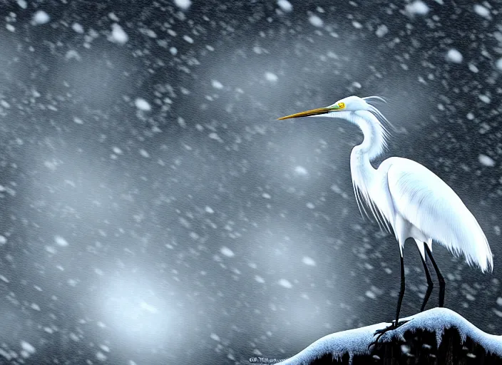 Prompt: an extremely detailed masterpiece photorealistic of a snowy egret in a rookery, in the style of brian bolland, digital art, unreal engine, volumetric lighting, dark moody lighting, epic scene