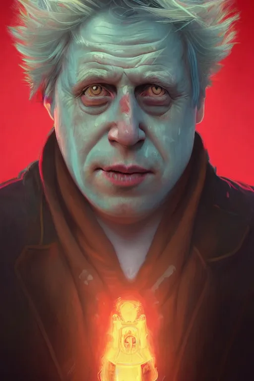 Image similar to Boris Johnson as Rick Sanchez, realistic portrait, symmetrical, highly detailed, digital painting, artstation, concept art, smooth, sharp focus, illustration, cinematic lighting, art by artgerm and greg rutkowski and alphonse mucha