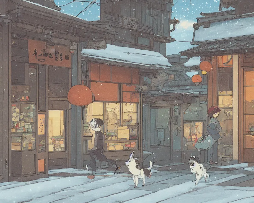 Image similar to beautiful illustration of a dog chasing a cat in front of a small shop front in kyoto on a fine summers day, anime manga style, with snow, aesthetic, cory loftis, james gilleard, atey ghailan, makoto shinkai, goro fujita, studio ghibli, makoto shinkai