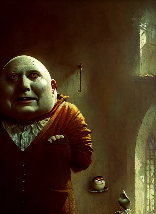 Image similar to portrait of live action humpty dumpty by greg rutkowski. cinematic film still