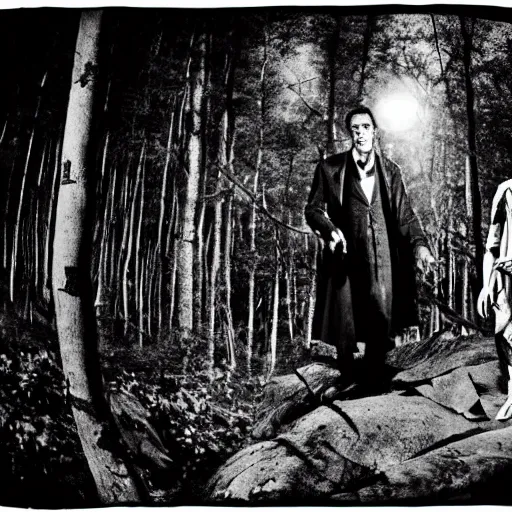 Prompt: photo of classic universal horror monsters dracula and frankenstein in a forest at night, telephoto long distance shot, black and white, low light, vignette, fujifilm, creepy, dark, atmospheric, 3 5 mm, surveillance footage, fisheye,