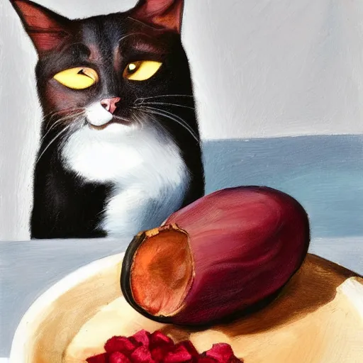 Image similar to a cat eating an eggplant on a plate, realistic, 8 k