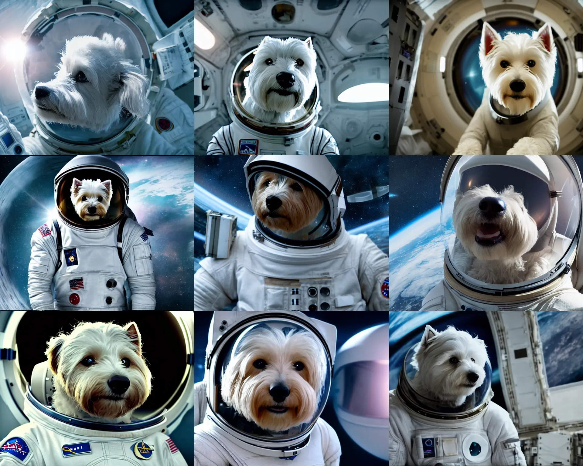 Prompt: film still of anthropomorphic anthropomorphic westie as astronaut in interstellar, 4 k