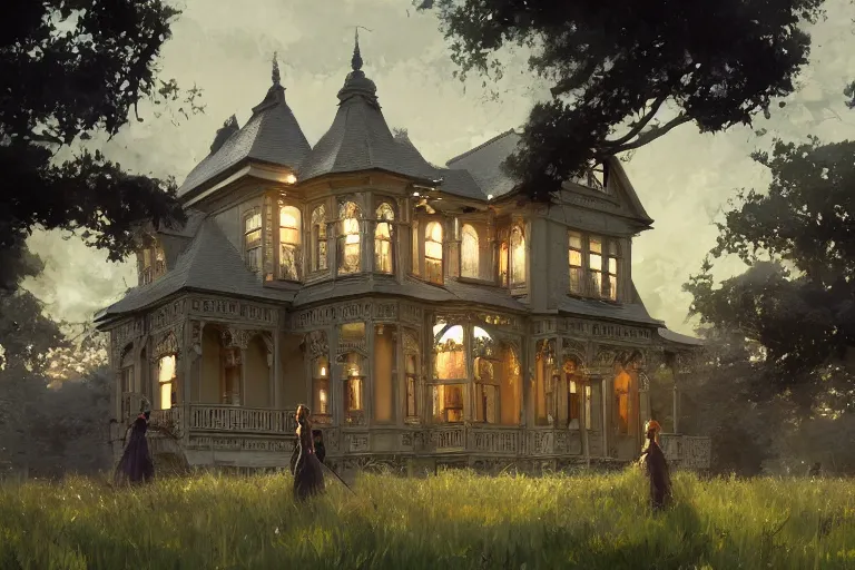 Prompt: an ornate victorian house, party inside, scene in an open field. 1 8 9 0, key visual, conceptart, ambient lighting, highly detailed, digital painting, artstation, concept art, sharp focus, by makoto shinkai and akihiko yoshida and greg manchess