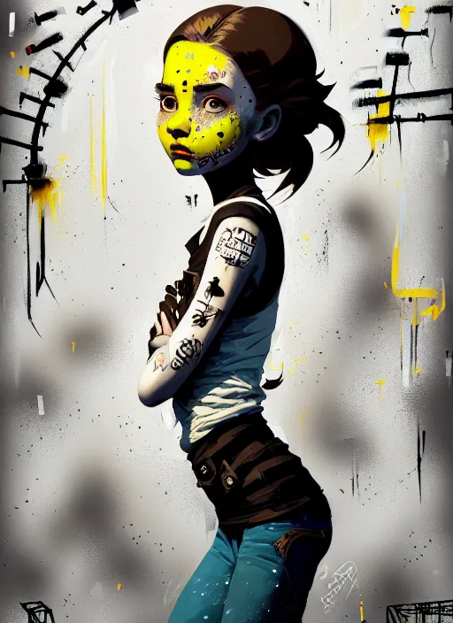 Image similar to highly detailed portrait of a sewer punk young lady with white graffiti face paint by atey ghailan, james gilleard, by joe fenton, by greg rutkowski, by greg tocchini, by kaethe butcher, 4 k resolution, gradient yellow, black, brown and cyan color scheme, grunge aesthetic!!! ( ( dystopian graffiti tag wall in background ) )