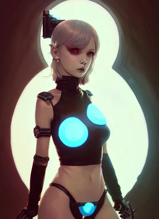 Image similar to portrait of cute goth maiden girl in cyber bikini armor, face by ilya kuvshinov, warhammer, cyberpunk, by atey ghailan, by greg rutkowski, by greg tocchini, by james gilleard, by joe fenton, by kaethe butcher, dynamic lighting, gradient light blue, brown, blonde cream and white color in scheme, grunge aesthetic