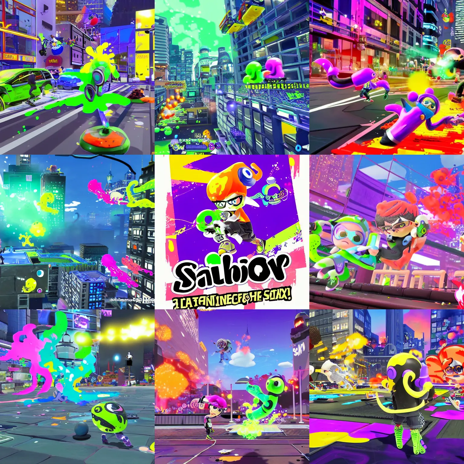 Prompt: play splatoon 3 game in the newyork city, ink on everywhere, landscape in the night, beautiful scene,