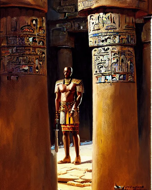 Image similar to oil - painting portrait of ancient nubian temple guard, armed with a long curved sword, dressed in leather and robes, standing guard of an old egyptian temple gate, art by craig mullins and anders zorn