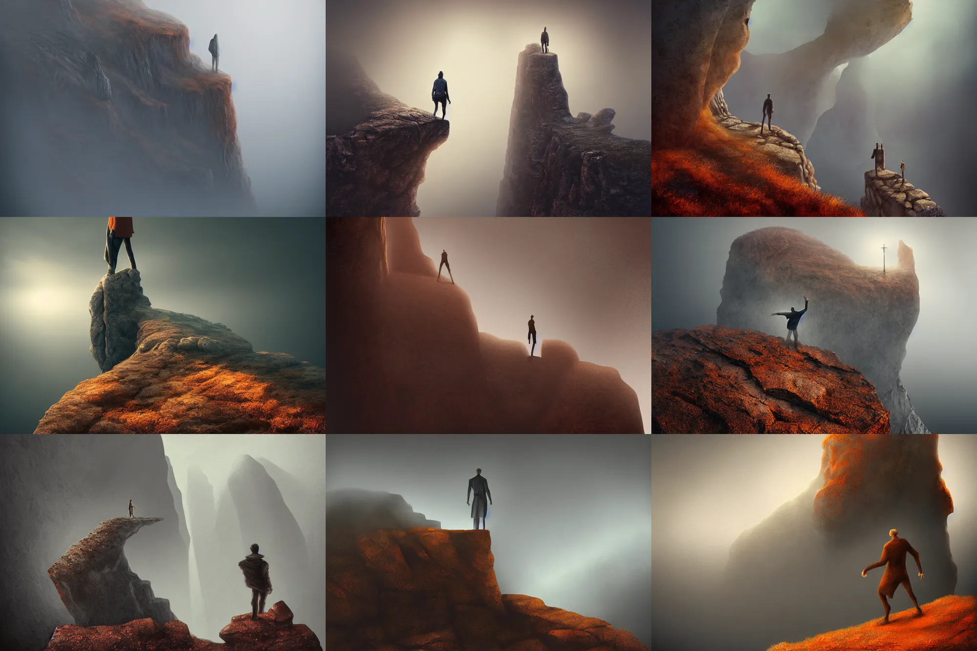 Prompt: editorial illustration by karolis strautniekas and mads berg, fantasy giant leaning on a wall, low hanging fog, stone cliff, fine texture, detailed, ( ( dark orange, blue, brown ) ), muted colors, dramatic lighting, dynamic composition, vivid, matte print, wide angle, ( ( sunbeams ) ), moody