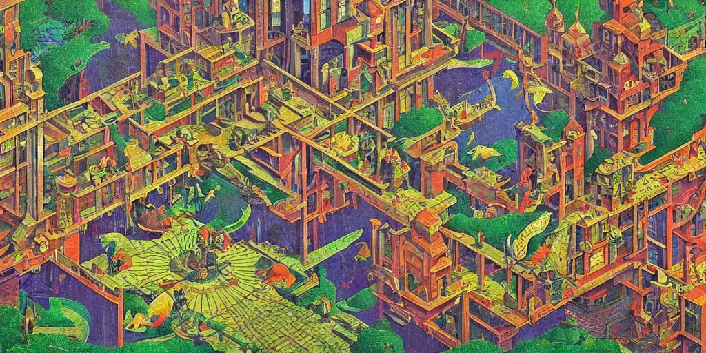 Image similar to virtual art museum in a 9 0's video game in the style of mc escher and heironymus bosch, colorful intricate masterpiece, hyper detailed, hd, sharp focus