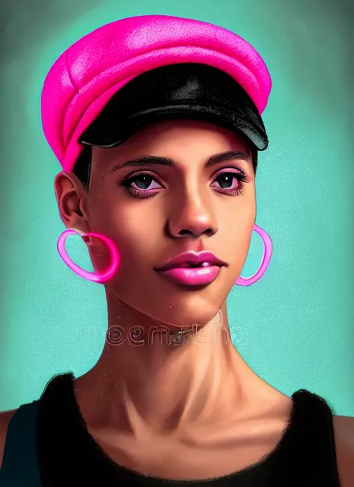 Image similar to portrait of teenage vanessa morgan with bright pink hair, black girl, curly pixie cut hair, wearing newsboy cap, pink short haircut, newsboy cap, hoop earrings, blue eyes, intricate, elegant, glowing lights, highly detailed, digital painting, artstation, concept art, smooth, sharp focus, illustration, art by wlop, mars ravelo and greg rutkowski