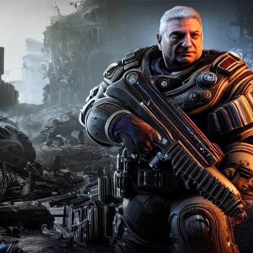 Image similar to george soros in gears of war, splash art, movie still, cinematic lighting, dramatic, octane render, long lens, shallow depth of field, bokeh, anamorphic lens flare, 8 k, hyper detailed, 3 5 mm film grain