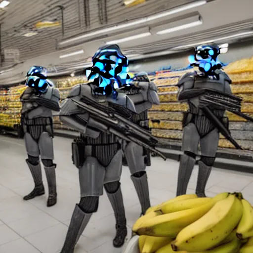 Image similar to Star wars troopers fighting with bananas in a supermarkets fish area, the star wars troopers try shooting and hitting other troopers with bananas, high perspective inside the store, high field of view, 40nm lens, split lighting, 4k,