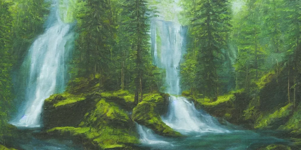 Image similar to A symmetrical oil painting of two waterfalls surrounded by a very dense forest