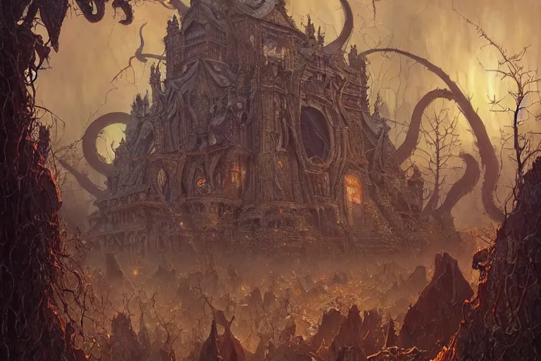 Image similar to a lovecraftian painting of a demonic shrine, occult, cult members evil ritual, cosmic horror elements, ultra realistic, concept art, intricate details, eerie, highly detailed, photorealistic, octane render, 8 k, unreal engine. art by artgerm and greg rutkowski and alphonse mucha