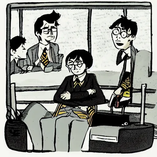 Prompt: harry potter falling asleep in an airport, 1 9 6 0 s cartoon