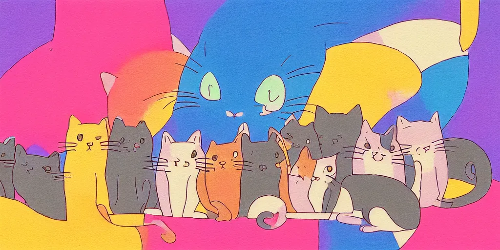 Image similar to a cat speaking to a crowd of cats, by studio ghibli, by lisa frank 8 k pastel colours, isometric, six point perspective, drone shot, smeared watercolours, golden light, film grain