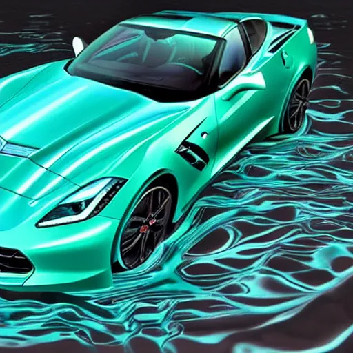 Image similar to a small dark luminous turquoise color liquid water sculpture is hybrid of a corvette convertible, a corvette made out of luminous turquoise color liquid water, viscous, reflective, monochromatic, digital art