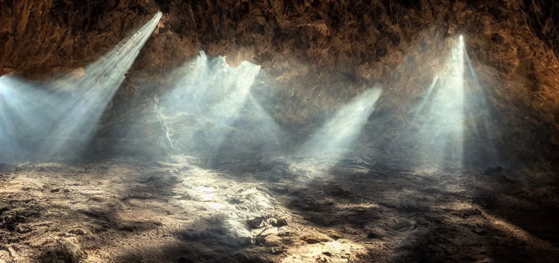 Prompt: underground, large cave, large city, god rays shot from far away