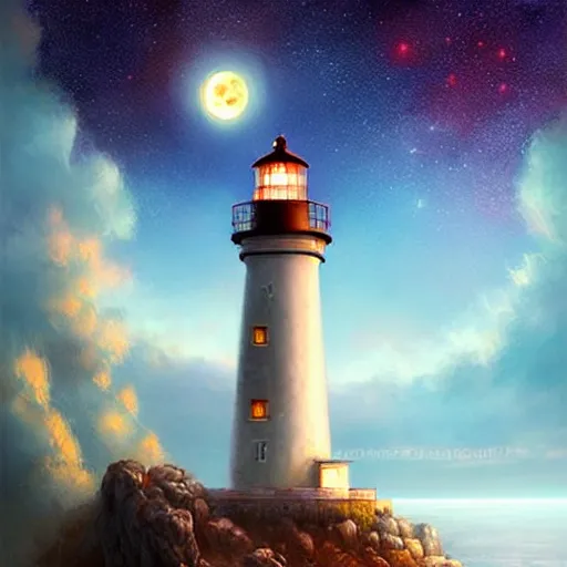 Image similar to a fantasy lighthouse stands on a high cliff, it's a starry night, the full moon is high in the sky, dark but beautiful colors, drawn by krenz cushart