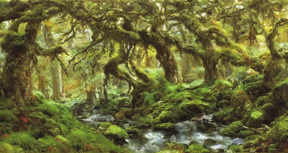 Image similar to ancient oak forest, mossy rocks, stream, oil painting, vivid colors, brush strokes, elegant, highly detailed, by richard schmid and john singer sargent