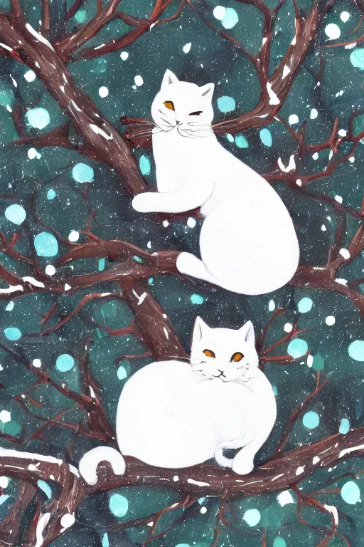 Prompt: white cat in the tree in winter day in the style ofukiyo-e