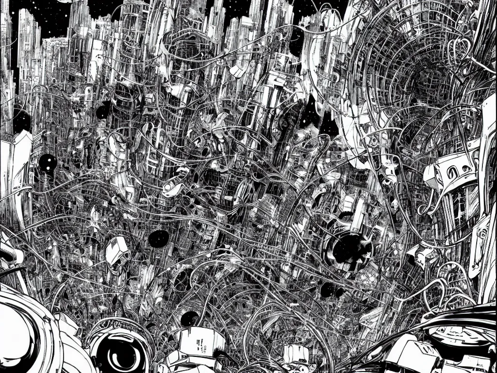 Image similar to cyborg monsters with tentacles and wires in detailed huge cybernetic mega city in space, black and white, by nihei tsutomu