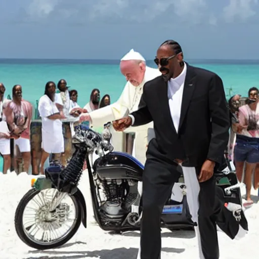 Prompt: pope francis with snoop Dogg riding motorcycles on Miami beach