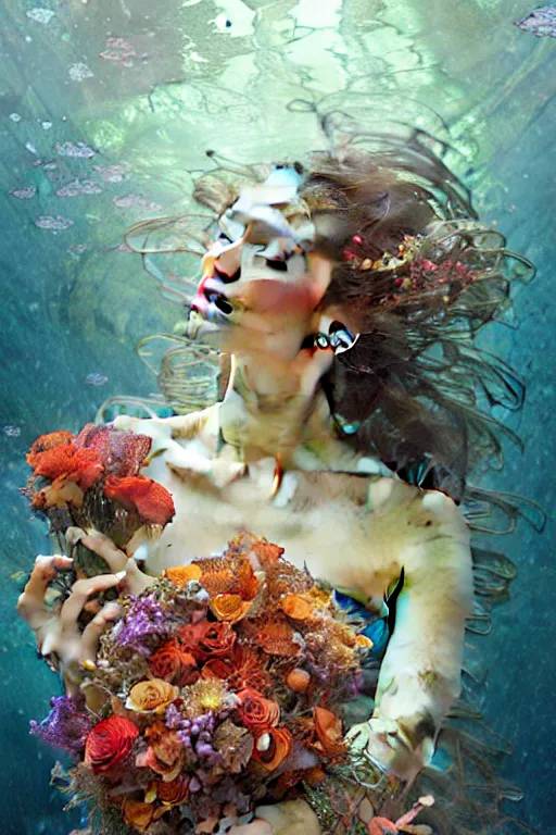 Image similar to portrait of a beautiful mysterious woman holding a bouquet of flowing flowers, hands hidden under the bouquet, underwater filled with coral reef, fantasy, regal, intricate, by stanley artgerm lau, greg rutkowski, thomas kindkade, alphonse mucha, loish, norman rockwell