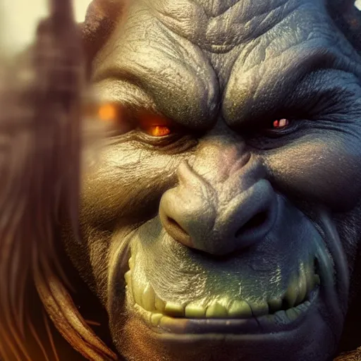 Image similar to An orc smiling into the camera, head-to-shoulder, artstation, realistic, highly detailed, bokeh, by Alex Flores, by Laurel D Austin, by Dave Rapoza