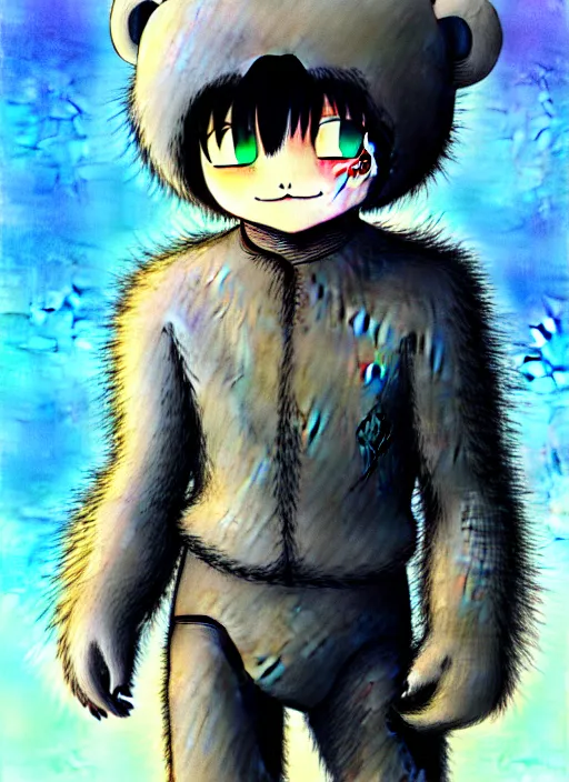 Image similar to beautiful little boy wearing an cyborg bear suit, artwork in kentaro miura and made in abyss and rosdraws, smooth, beautiful lightness, anatomically correct, trending on pixiv, forest